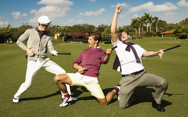 Three friends having fun in a golf course,Biltmore Golf Course,Coral Gables,Florida,USA
